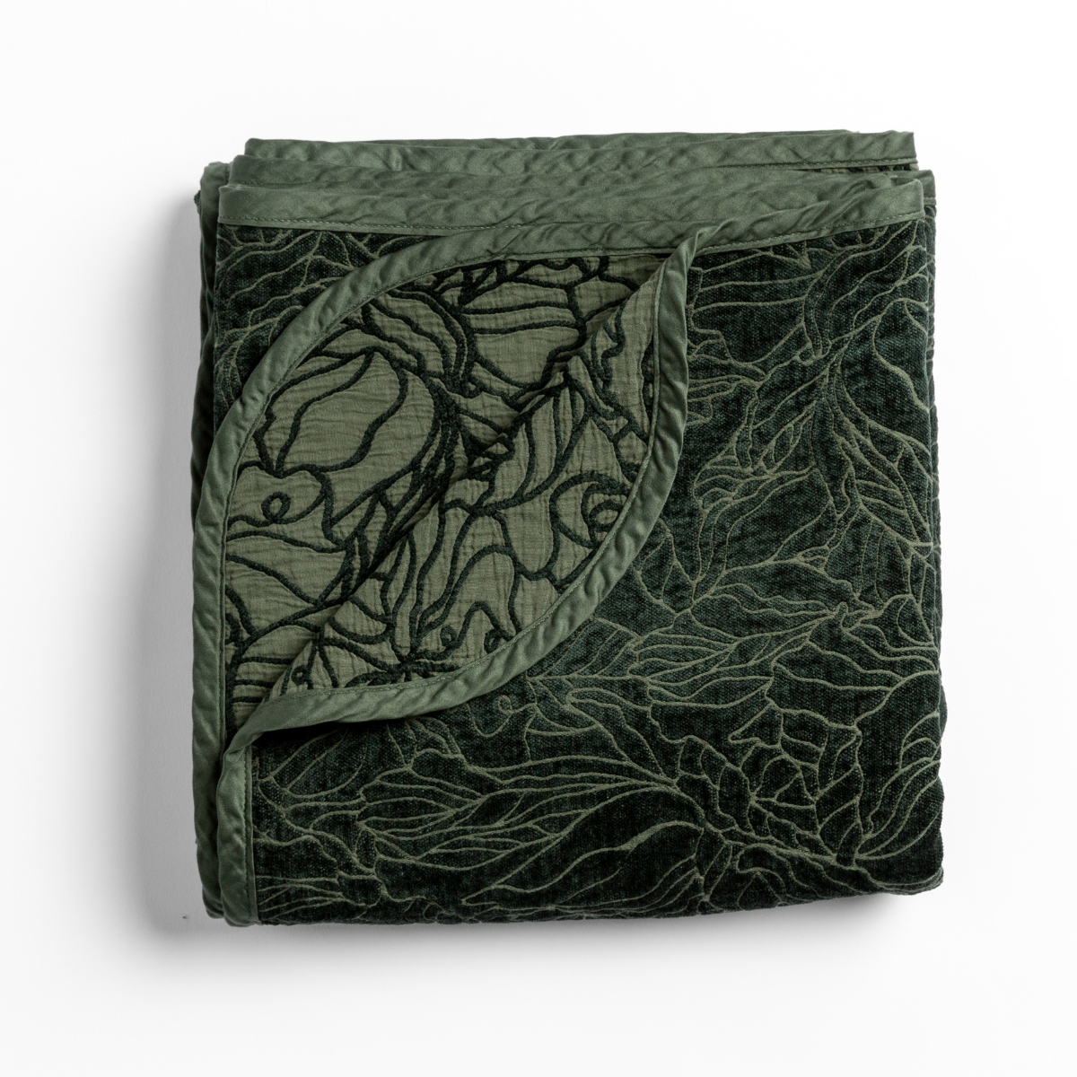 Georgia Blanket | Juniper | folded blanket with its cotton jacquard side visible on the corner foldback against the chenille jacquard side.