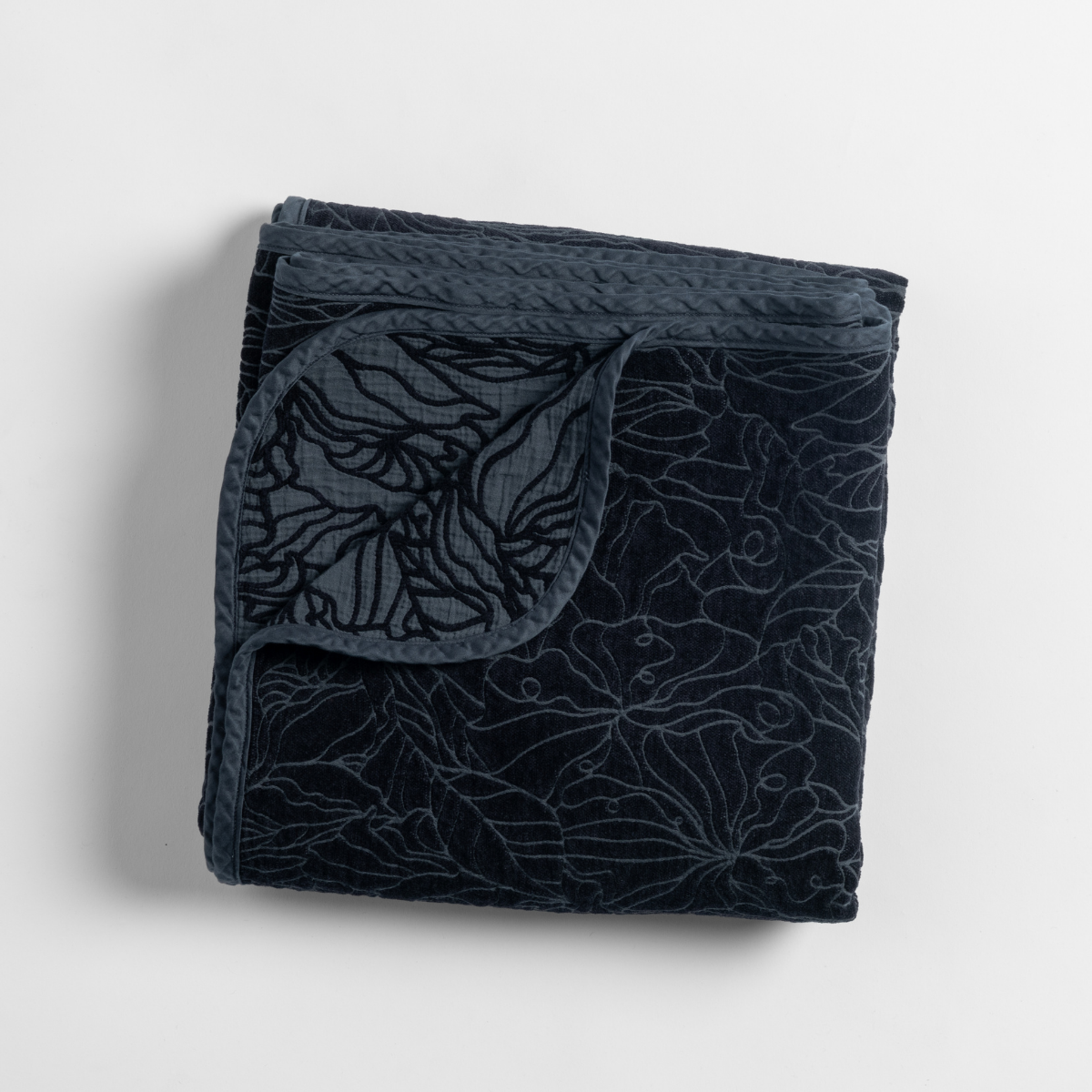 Georgia Blanket | Slate | a folded cotton chenille jacquard throw blanket shown from overhead against a white background.