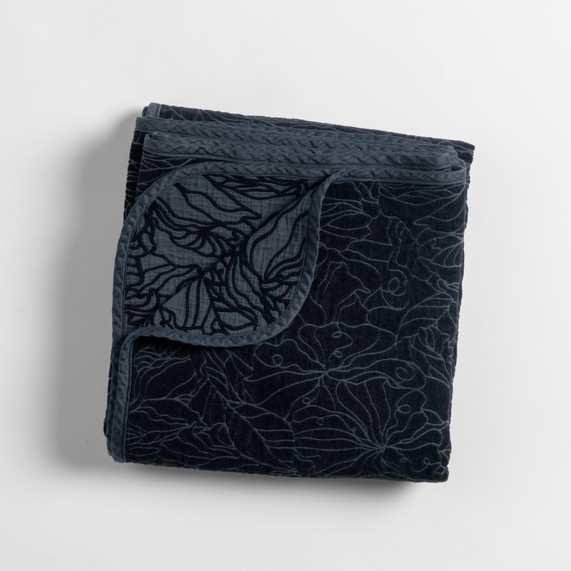 Georgia Blanket | Slate | a folded cotton chenille jacquard throw blanket shown from overhead against a white background.