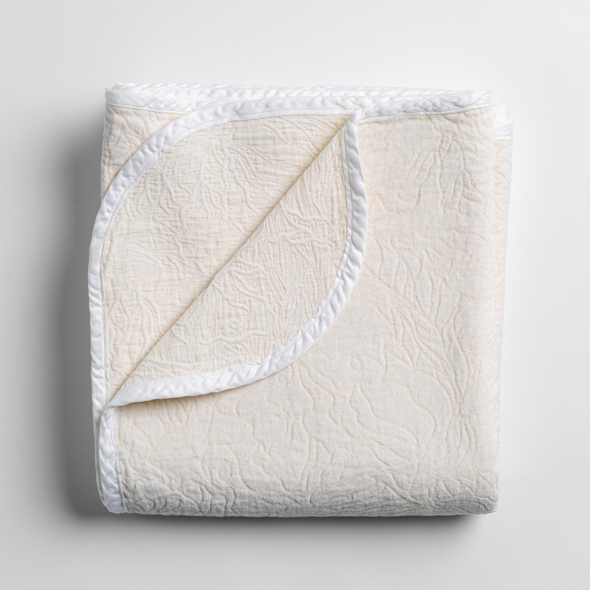 Georgia Blanket | Winter White | folded blanket with its cotton jacquard side visible on the corner foldback against the chenille jacquard side.