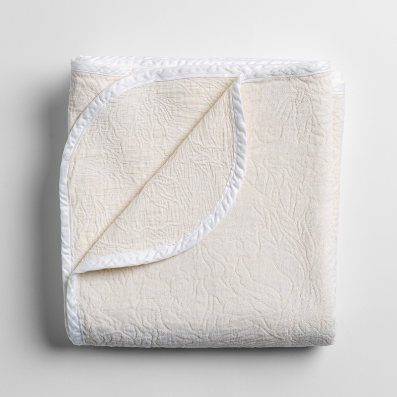 Georgia Blanket | Winter White | folded blanket with its cotton jacquard side visible on the corner foldback against the chenille jacquard side.