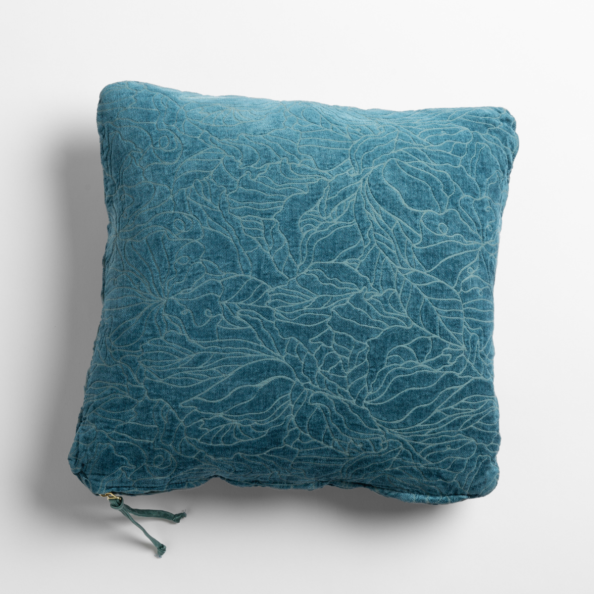 Georgia Throw Pillow | Cenote | chenille jacquard side of a georgia square cushion shown from overhead against a white background.