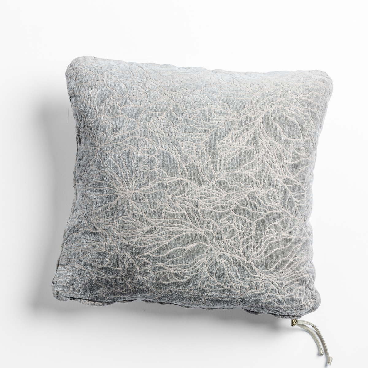 Georgia Throw Pillow | Fog | chenille jacquard side of a georgia square cushion shown from overhead against a white background.