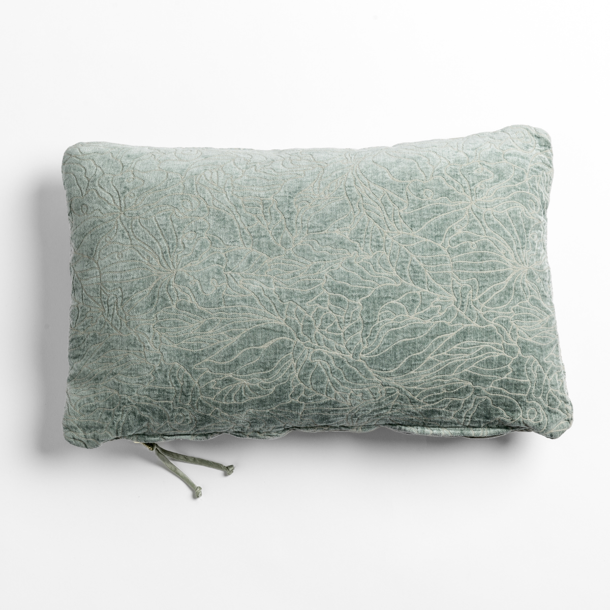 Georgia Throw Pillow | Eucalyptus | chenille jacquard side of a rectangle throw pillow shown from overhead against a white background.