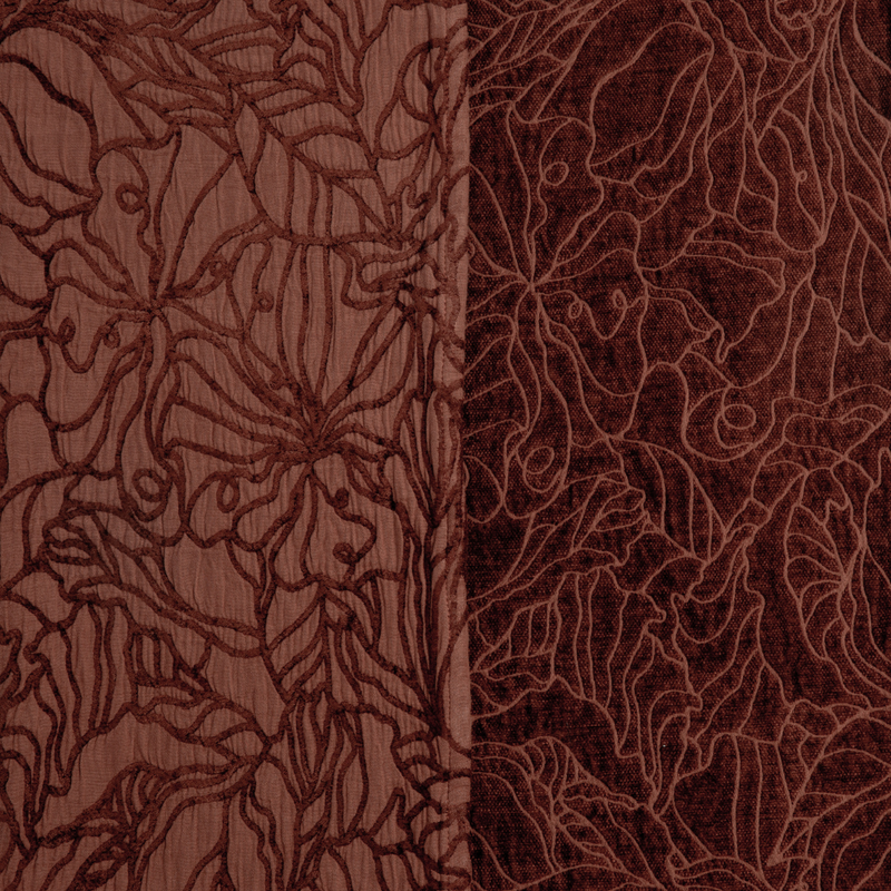 Georgia Bedspread | Autumn | A close-up of both sides of the reversible Georgia fabric in the colorway, Autumn, a rich terracotta tone.