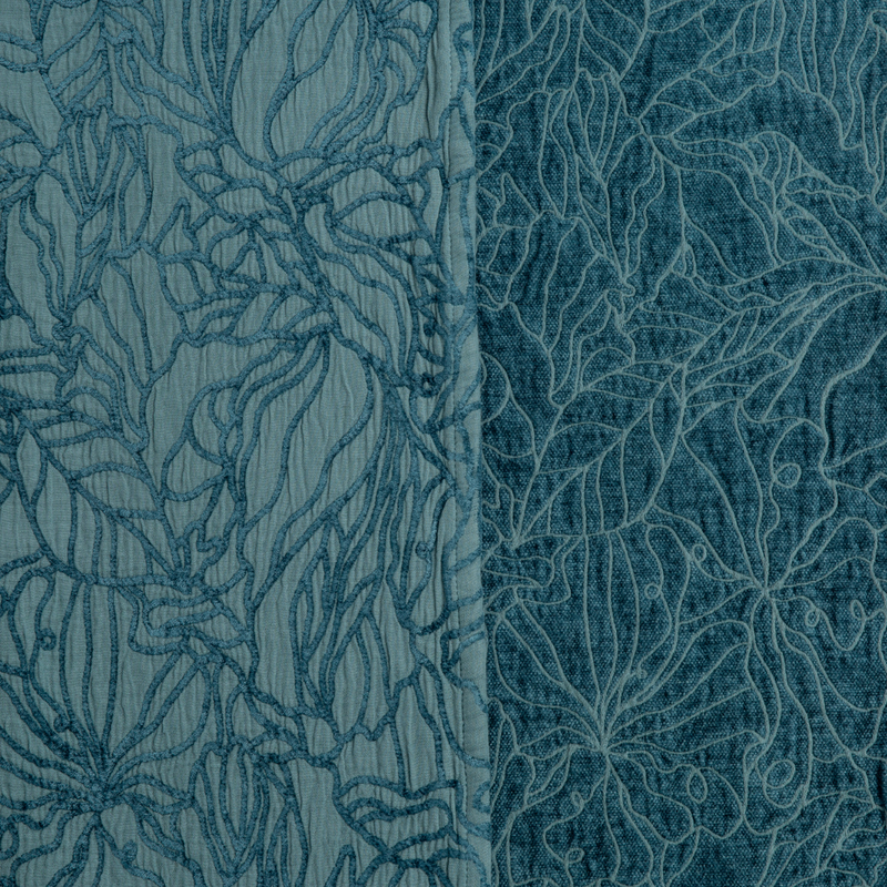 Georgia Bedspread | Cenote | georgia fabric shown with the cotton jacquard side on the left and chenille jacquard side on the right in cenote, a vibrant, ocean-inspired blue-green.