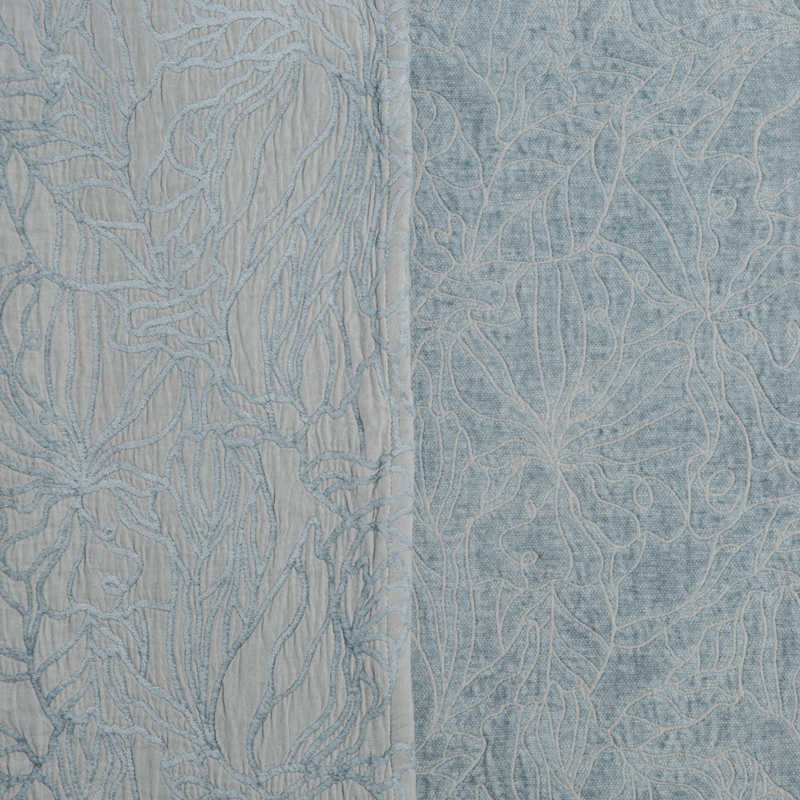 Georgia Swatch Card | Cloud | georgia fabric shown with the cotton jacquard side on the left and chenille jacquard side on the right in cloud, a soft, subtle sky blue-grey