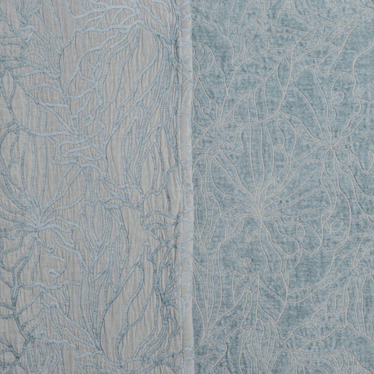 Georgia Twin Bedspread | Cloud | georgia fabric shown with the cotton jacquard side on the left and chenille jacquard side on the right in cloud, a soft, subtle sky blue-grey