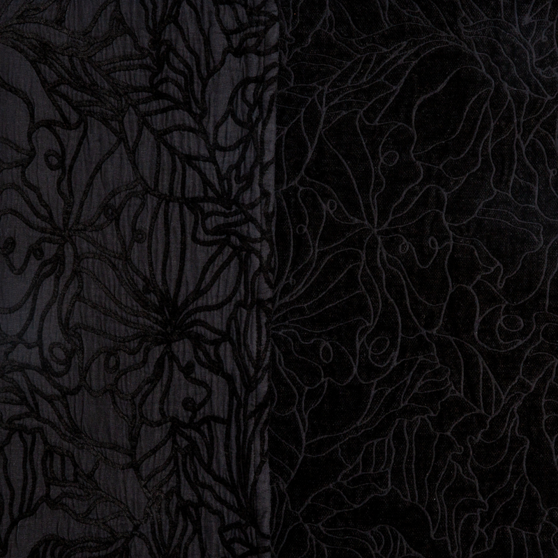 Georgia Swatch Card | Corvino | georgia fabric shown with the cotton jacquard side on the left and chenille jacquard side on the right in corvino, a black tone.