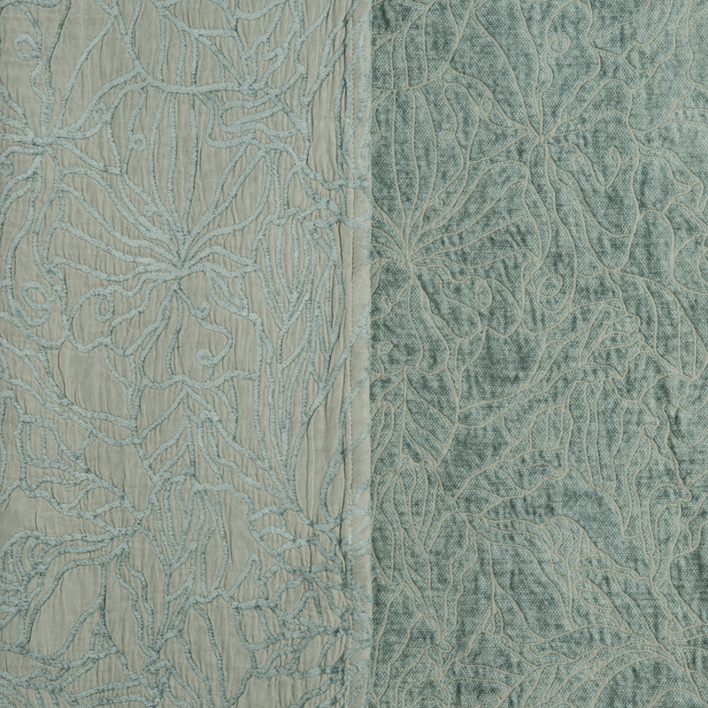 Georgia Twin Bedspread | Eucalyptus | georgia fabric shown with the cotton jacquard side on the left and chenille jacquard side on the right in eucalyptus, a soft light green
