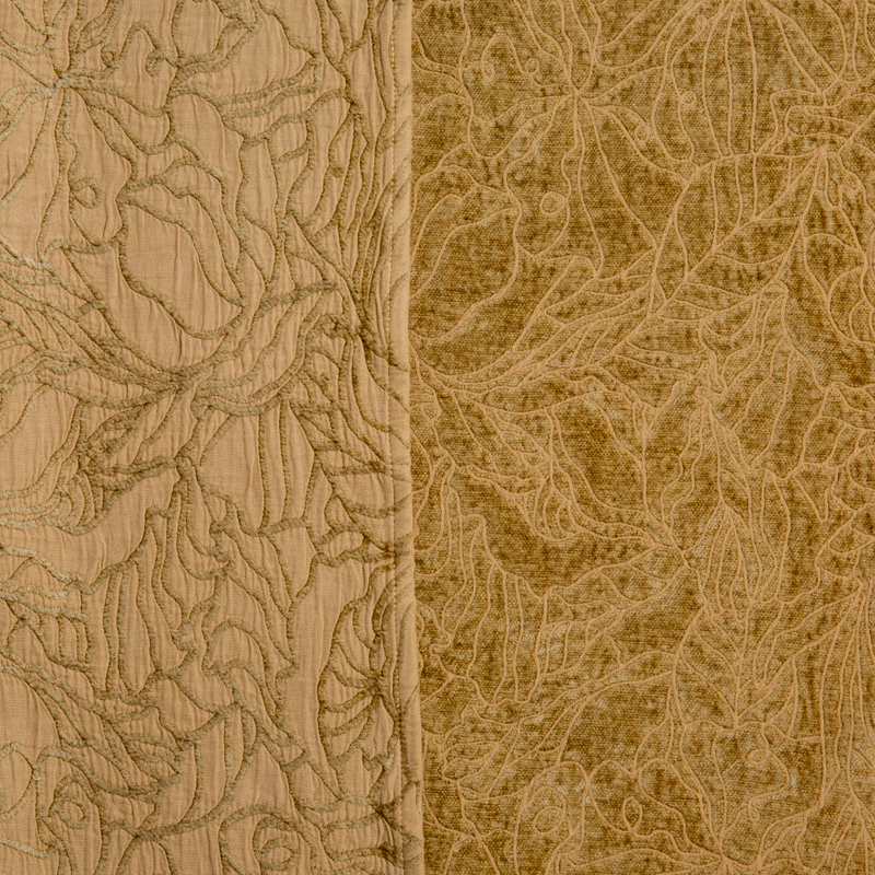 Georgia Swatch Card | Honeycomb | georgia fabric shown with the cotton jacquard side on the left and chenille jacquard side on the right in honeycomb, a warm golden tone.
