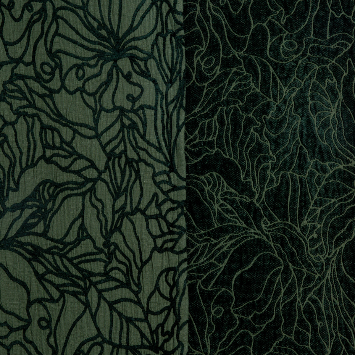 Georgia Swatch Card | Juniper | georgia fabric shown with the cotton jacquard side on the left and chenille jacquard side on the right in juniper, a profound green with a calming depth like an abudant forest
