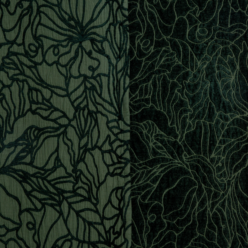 Georgia Swatch Card | Juniper | georgia fabric shown with the cotton jacquard side on the left and chenille jacquard side on the right in juniper, a profound green with a calming depth like an abudant forest