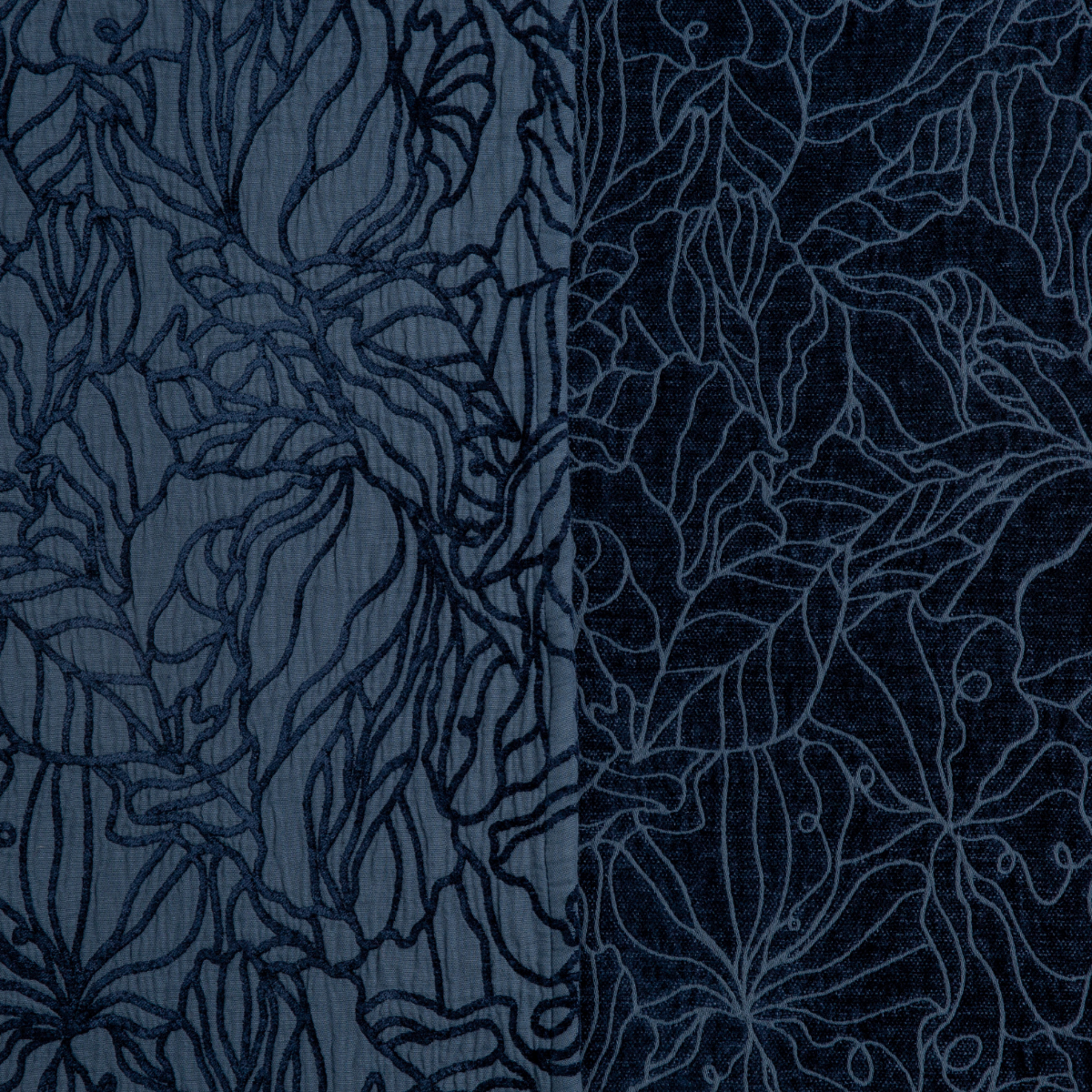 Georgia Swatch Card | Midnight | georgia fabric shown with the cotton jacquard side on the left and chenille jacquard side on the right in midnight, a rich indigo tone