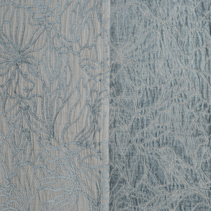 Georgia Swatch Card | Mineral | georgia fabric shown with the cotton jacquard side on the left and chenille jacquard side on the right in mineral, a soothing seafoam blue with subtle grey-green undertones.