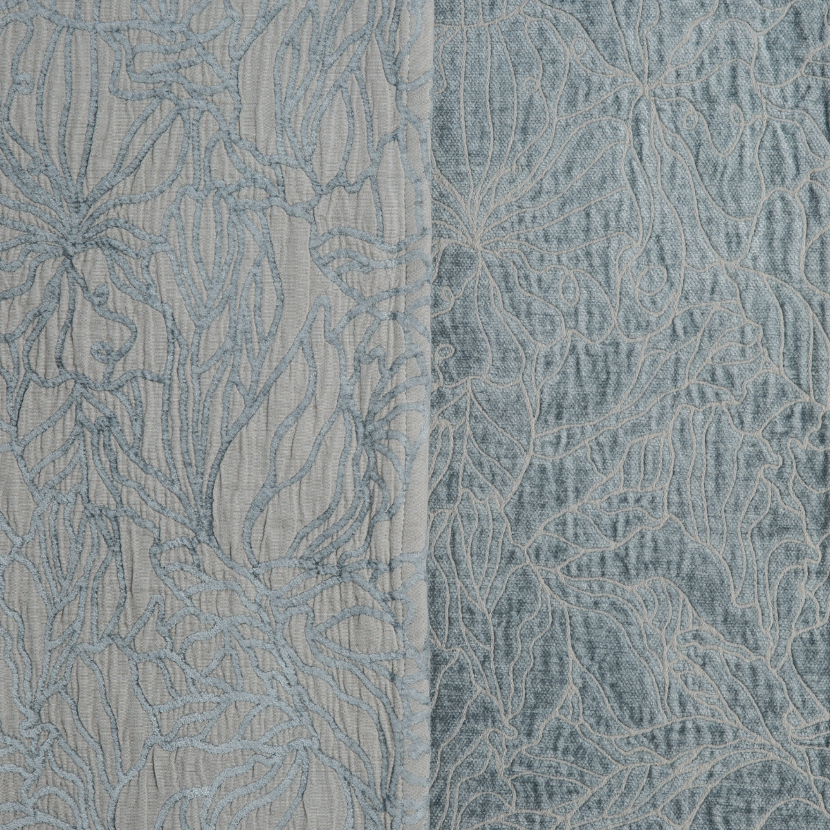 Georgia Twin Bedspread | Mineral | georgia fabric shown with the cotton jacquard side on the left and chenille jacquard side on the right in mineral, a soothing seafoam blue with subtle grey-green undertones.