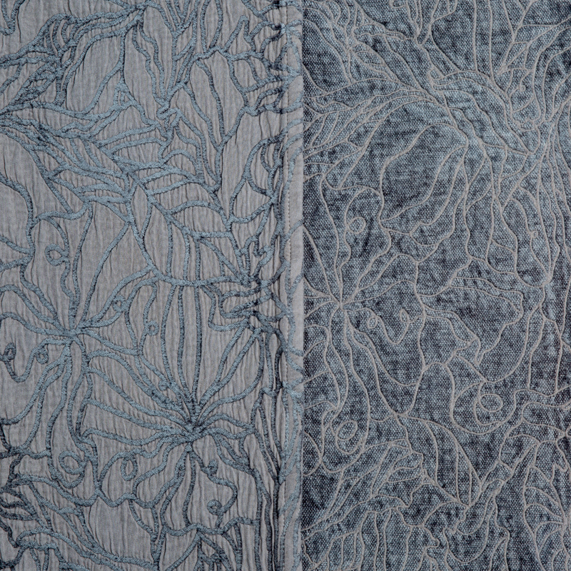 Georgia Bedspread | Moonlight | georgia fabric shown with the cotton jacquard side on the left and chenille jacquard side on the right in moonlight, a saturated, cool, mid-dark grey tone.