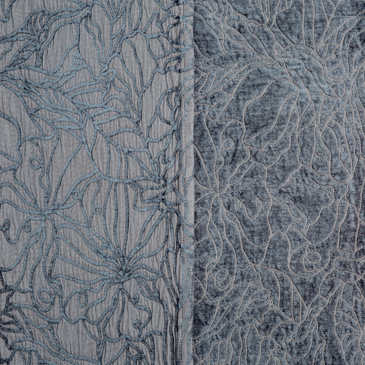 Georgia Swatch Card | Moonlight | georgia fabric shown with the cotton jacquard side on the left and chenille jacquard side on the right in moonlight, a saturated, cool, mid-dark grey tone.