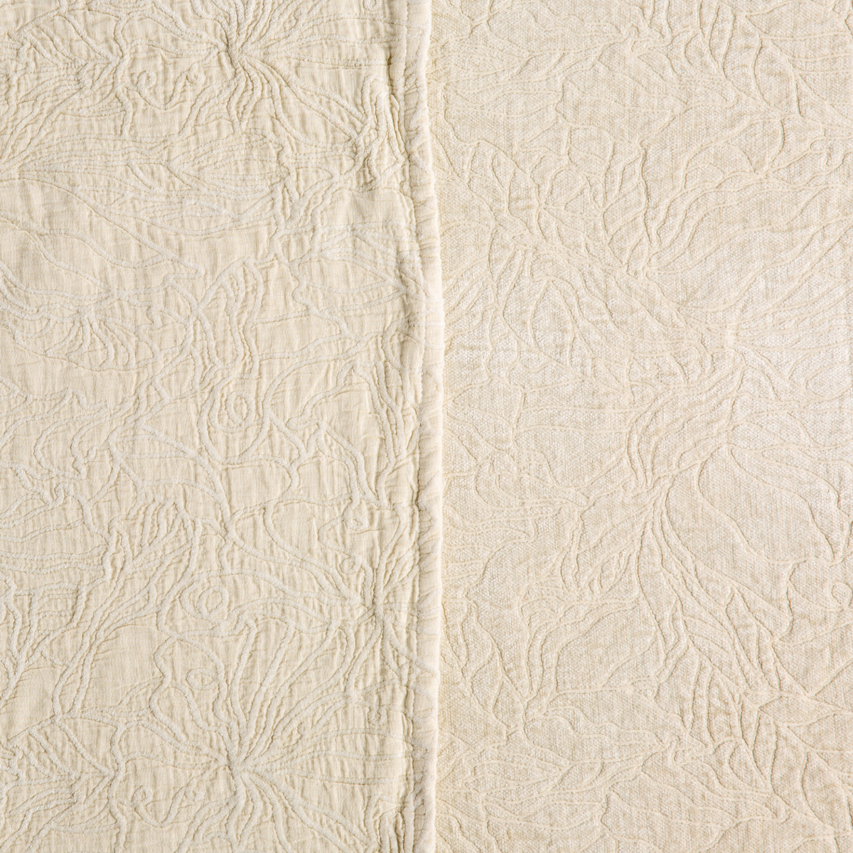 Georgia Twin Bedspread | Parchment | georgia fabric shown with the cotton jacquard side on the left and chenille jacquard side on the right in parchment, a warm, antiqued cream.