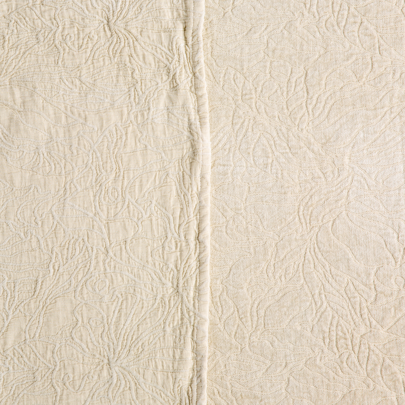 Georgia Swatch Card | Parchment | georgia fabric shown with the cotton jacquard side on the left and chenille jacquard side on the right in parchment, a warm, antiqued cream.