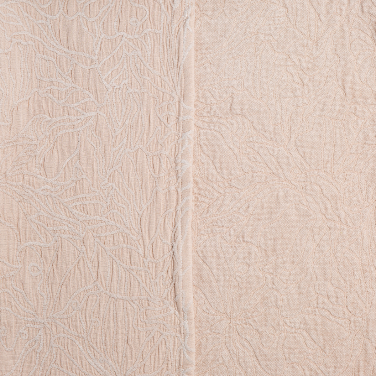 Georgia Swatch Card | Pearl | georgia fabric shown with the cotton jacquard side on the left and chenille jacquard side on the right in pearl, a nude-like, soft rose pink tone.