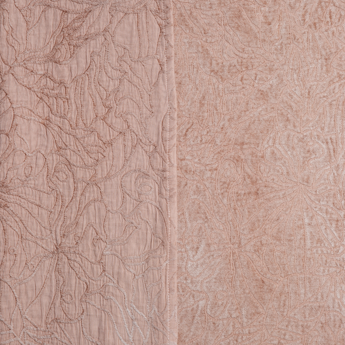 Georgia Twin Bedspread | Rouge | georgia fabric shown with the cotton jacquard side on the left and chenille jacquard side on the right in rouge, a mid-tone blush pink