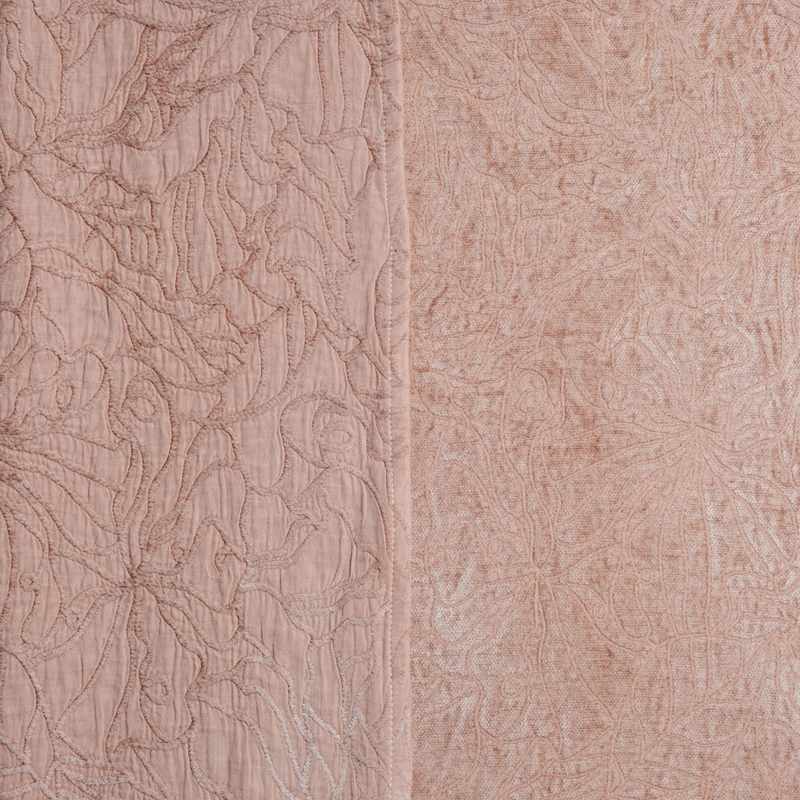 Georgia Bedspread | Rouge | georgia fabric shown with the cotton jacquard side on the left and chenille jacquard side on the right in rouge, a mid-tone blush pink