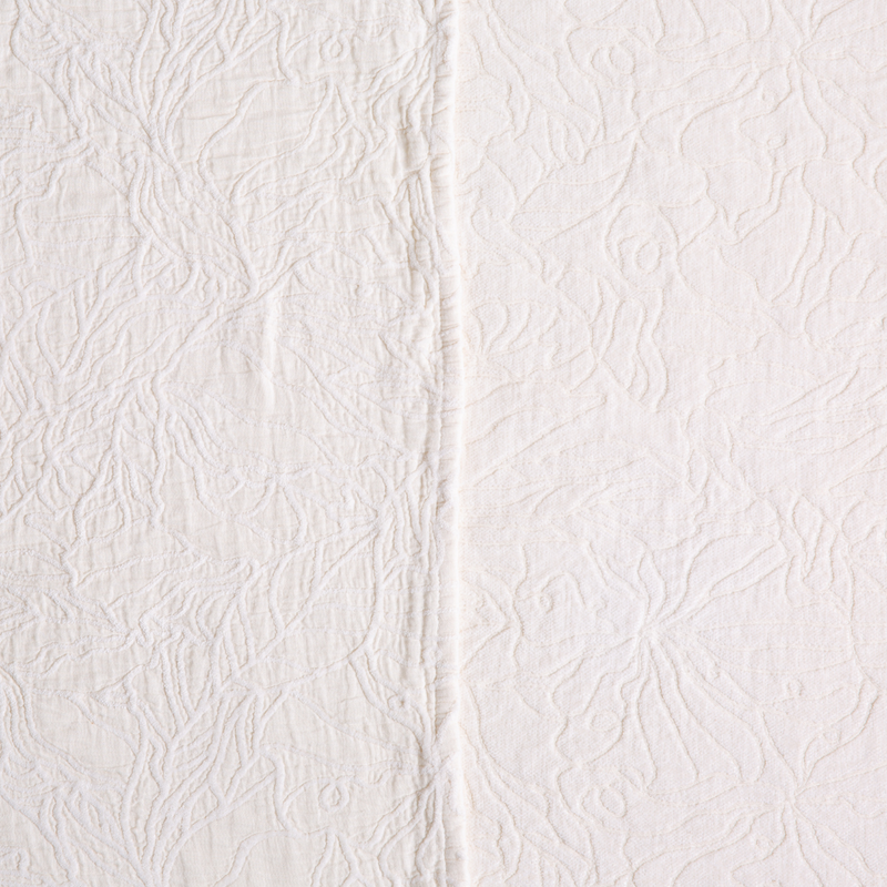 Georgia Swatch Card | Winter White | georgia fabric shown with the cotton jacquard side on the left and chenille jacquard side on the right in winter white, a soft and warm tone.