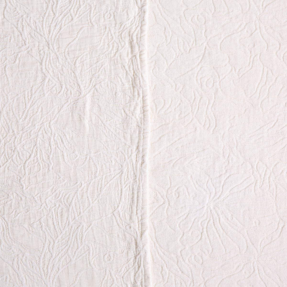 Georgia Twin Bedspread | Winter White | georgia fabric shown with the cotton jacquard side on the left and chenille jacquard side on the right in winter white, a soft and warm tone.