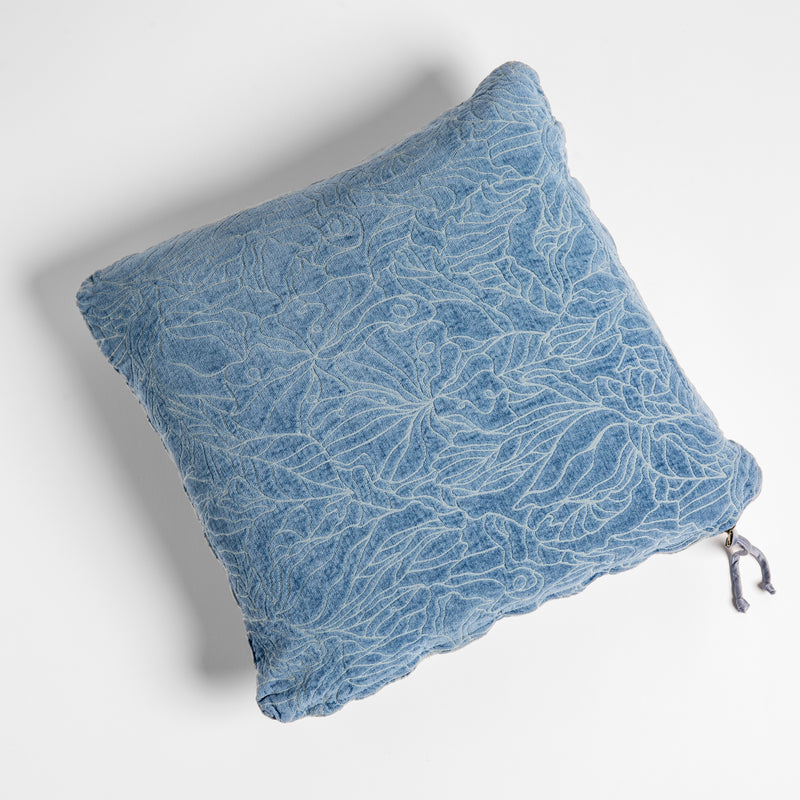 Georgia Throw Pillow | Tahoe Blue | chenille jacquard side of a georgia square cushion shown from overhead against a white background.