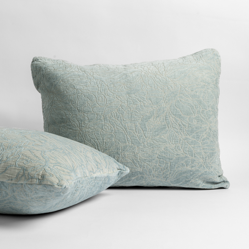 Georgia Sham | Cloud | pair of shams shown against a white background show the chenille and cotton jacquard faces and floral motif.