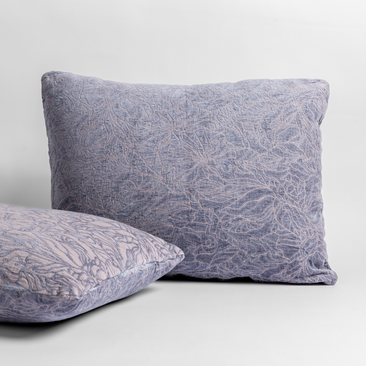 Georgia Sham | French Lavender | pair of shams shown against a white background show the chenille and cotton jacquard faces and floral motif.