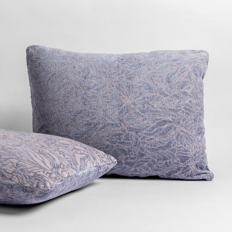 Georgia Sham | French Lavender | pair of shams shown against a white background show the chenille and cotton jacquard faces and floral motif.