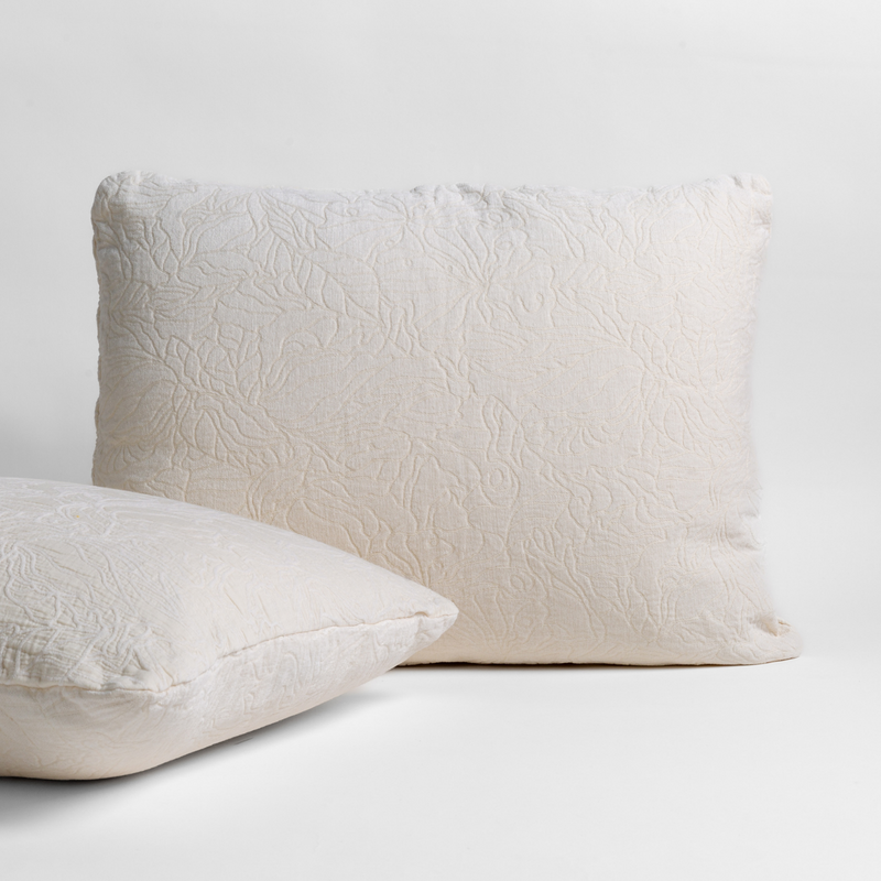 Georgia Sham | Winter White | pair of shams shown against a white background show the chenille and cotton jacquard faces and floral motif.