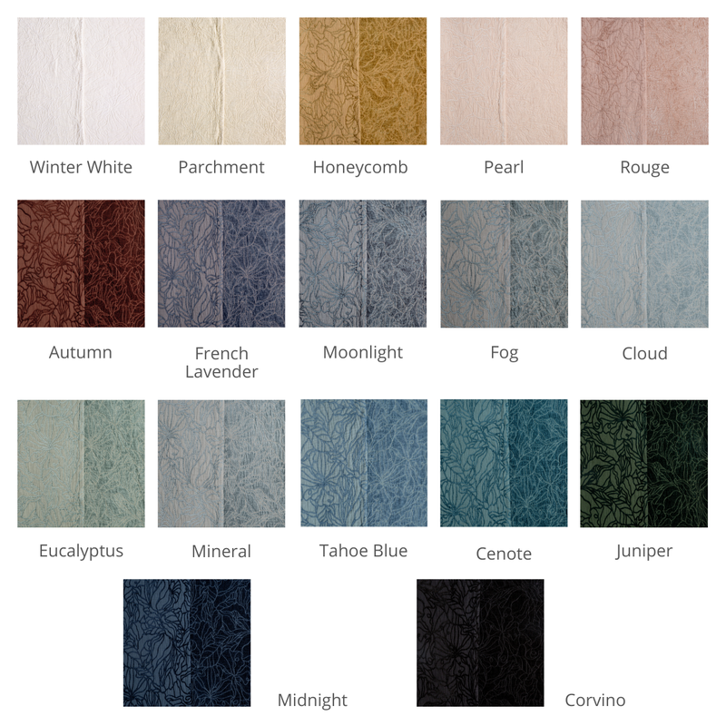 Georgia Bedspread | A grid of Georgia, an elaborate reversible floral arrangement across velvet cotton chenille jacquard fabric shown in our current colorway palette.