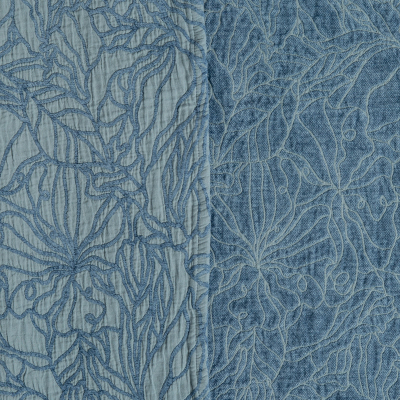 Georgia Bedspread | Tahoe Blue | A close up of chenille and cotton jacquard fabric in tahoe blue, a true blue - like a clear sky.