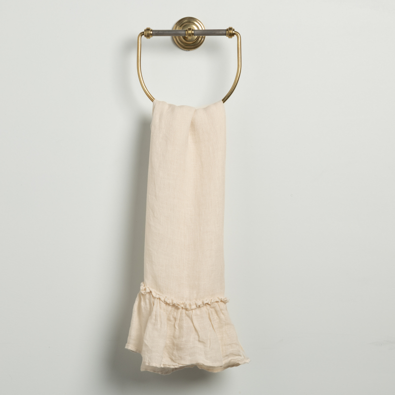 Linen Whisper Guest Towel | Natural | linen whisper ruffled guest towel hanging from a decorative towel ring