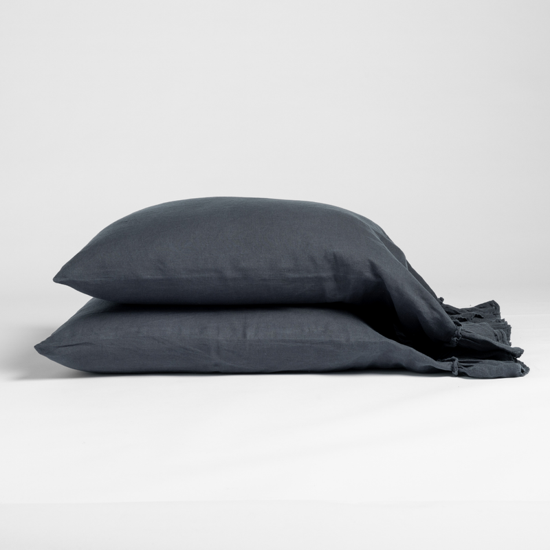 Linen Whisper Pillowcase (Single) | Slate | linen with whisperweight linen ruffle pillowcase pair shown against a plain white background.