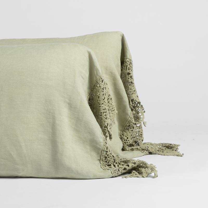Linen Pillowcase (Single) | Desert Sage | matching pillowcases with lace in desert sage, a serenely elegant green, offering a hushed hue, shown against a plain background.
