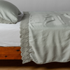 Madera Luxe Pillowcase (Single) | Eucalyptus | matching tencel pillowcase and flat sheet trimmed with cotton lace on a bed shown from the side view.