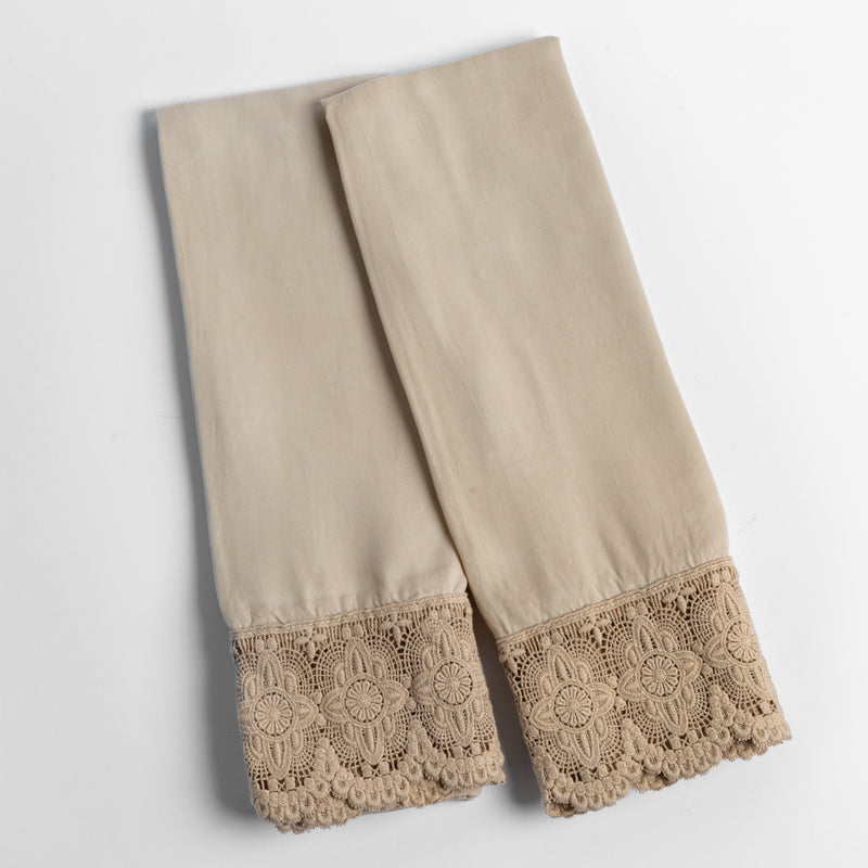 Madera Luxe Pillowcase (Single) | Honeycomb | a pair of tencel pillowcases trimmed with cotton lace shown overhead against a white background.