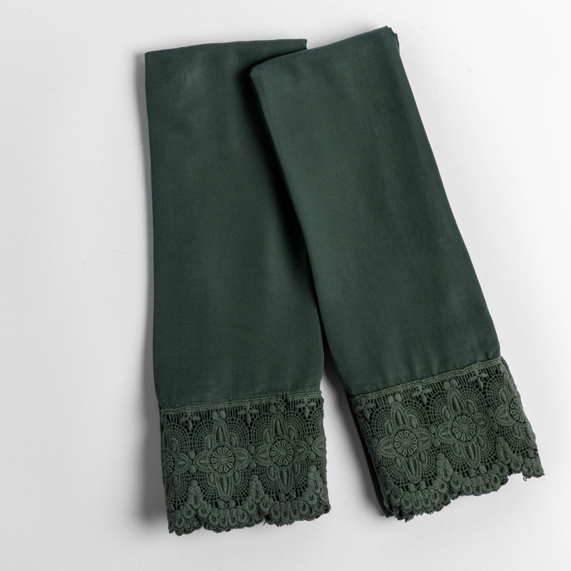 Madera Luxe Pillowcase (Single) | Juniper | a pair of tencel pillowcases trimmed with cotton lace shown overhead against a white background.