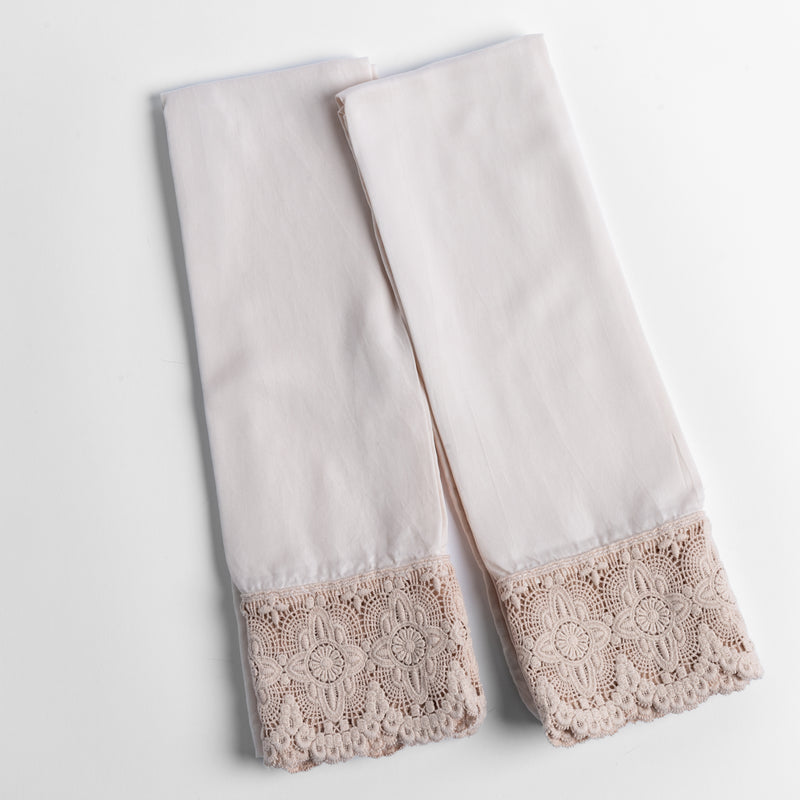 Madera Luxe Pillowcase (Single) | Pearl | a pair of tencel pillowcases trimmed with cotton lace shown overhead against a white background.