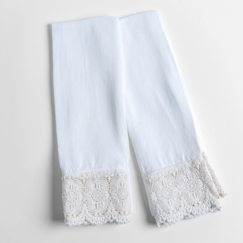 Madera Luxe Pillowcase (Single) | White | a pair of tencel pillowcases trimmed with cotton lace shown overhead against a white background.