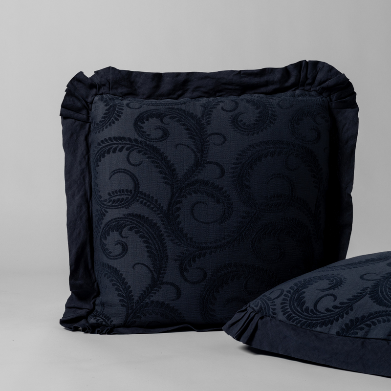 Marisette Sham | Slate | matching pair of Marisettte shams in slate, a polished dusky dark blue, shown against a white background.