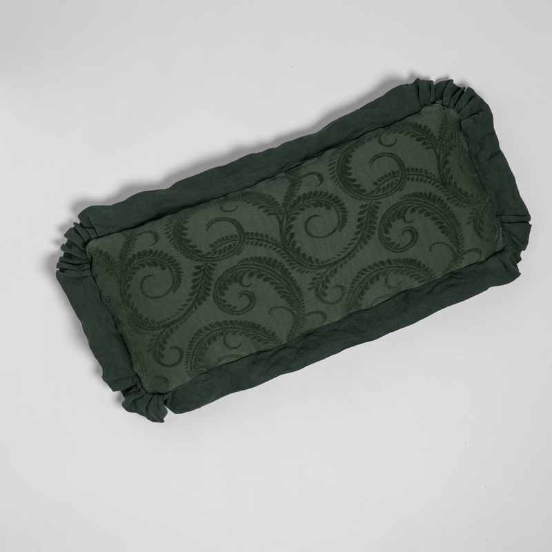 Marisette Throw Pillow | Juniper | an overhead shot of an organic cotton damask throw pillow against a white background.