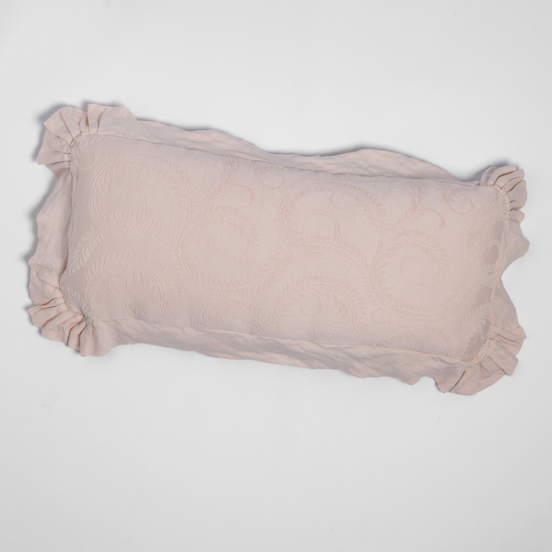 Marisette Throw Pillow | Pearl | an overhead shot of an organic cotton damask throw pillow against a white background.