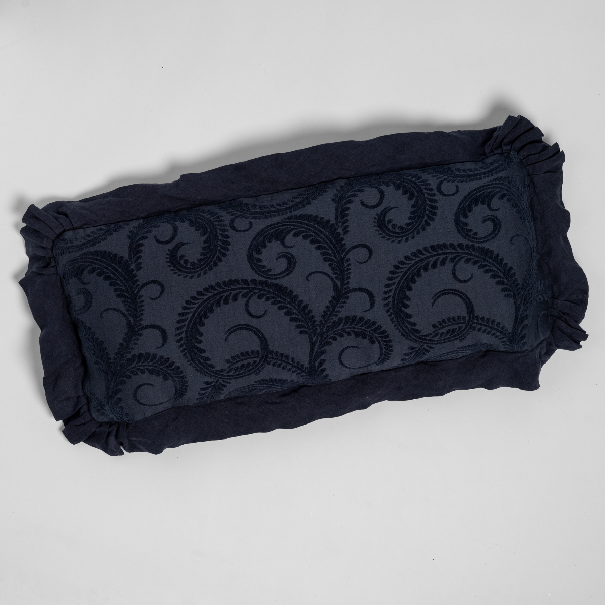 Marisette Throw Pillow | Slate | an overhead shot of an organic cotton damask throw pillow against a white background.