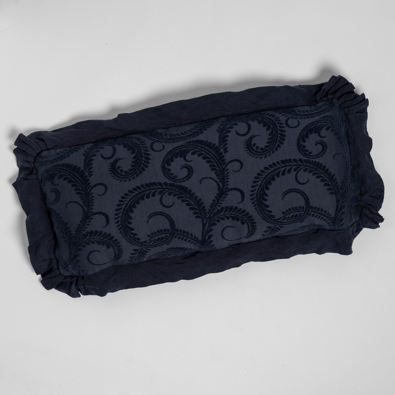 Marisette Throw Pillow | Slate | an overhead shot of an organic cotton damask throw pillow against a white background.