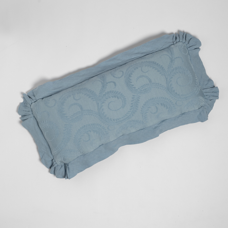 Marisette Throw Pillow | Tahoe Blue | an overhead shot of an organic cotton damask throw pillow against a white background.